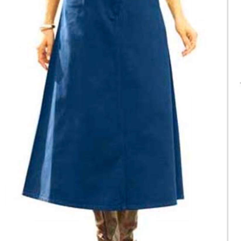 DENIM SKIRT, INDIGO BLUE, SIZE 36W, MIDI A-LINE, FIVE POCKETS, ZIP FRONT FLY,